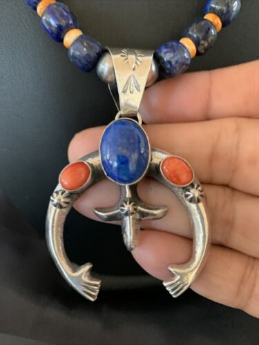 Navajo Blue Lapis Spiny Oyster Naja Pendant | Sterling Silver | Authentic Native American Handmade | 11494