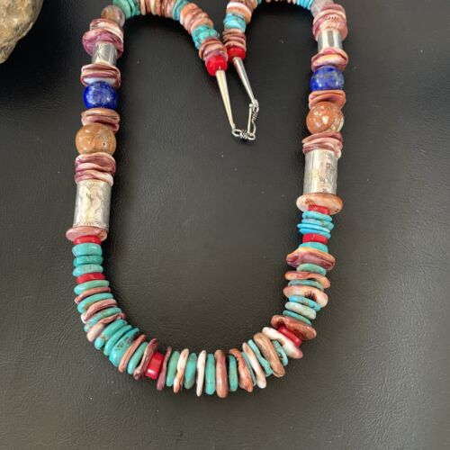 Navajo Turquoise Spiny Oyster Coral Lapis Necklace | Sterling Silver | 24" | Authentic Native American Handmade | 11870