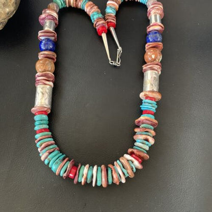 Navajo Turquoise Spiny Oyster Coral Lapis Necklace | Sterling Silver | 24" | Authentic Native American Handmade | 11870