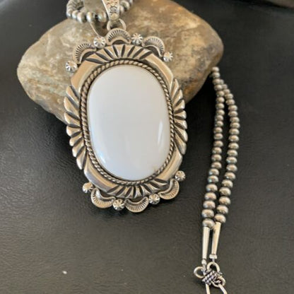 Men's Navajo White Buffalo Turquoise Pendant | Sterling Silver Necklace | Authentic Native American Handmade | 11591
