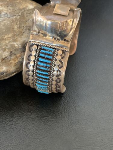 Authentic Native American Zuni Sterling Silver Watch Cuff Bracelet | Blue Turquoise Inlay Tips | 12332