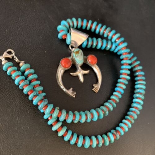 Navajo Sterling Silver Necklace | Blue Turquoise & Coral Naja Pendant | Authentic Native American Handmade | 13748