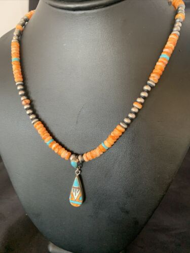 Navajo Pearls, Orange Spiny Oyster & Turquoise Sterling Silver Necklace with Pendant | Authentic Native American | 12704