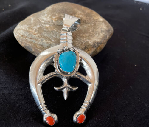 Navajo Sterling Silver Naja Pendant | Turquoise & Spiny Oyster | Authentic Native American Handmade | 1060