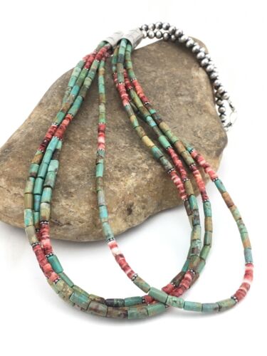 Royston Turquoise & Spiny Oyster Necklace | 4 Strand Navajo Sterling Silver | Authentic Native American Handmade | 4899