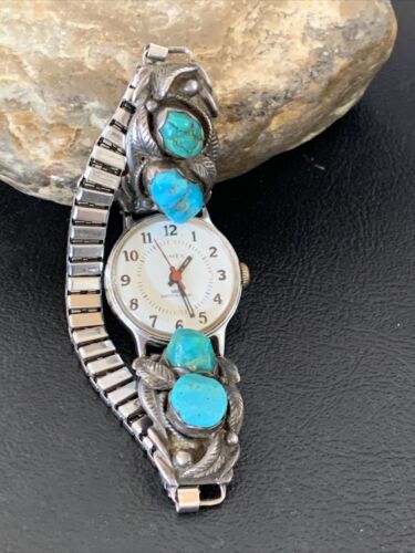 Navajo Women's Sterling Silver Watch Tips with Blue Turquoise Band | Authentic Native American Jewelry | Old Pawn | 12140