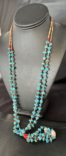Santo Domingo Shell Turquoise Bead Pendant Jacla Necklace | 2 Strand | Pearls | Native American Handmade | 14633