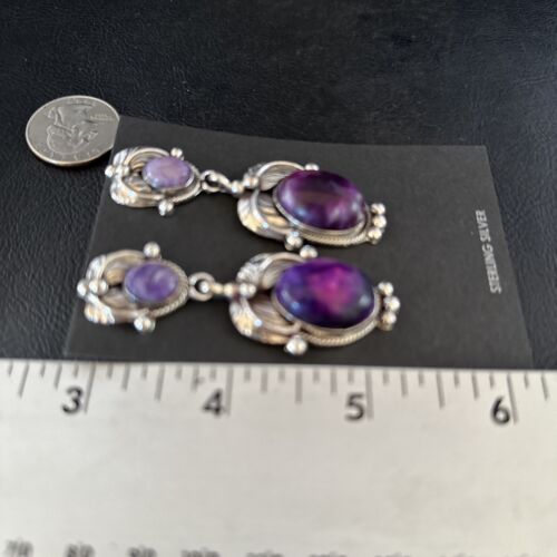 Navajo Purple Sugilite Dangle Earrings | Sterling Silver | 2" | Authentic Native American Handmade | 14405