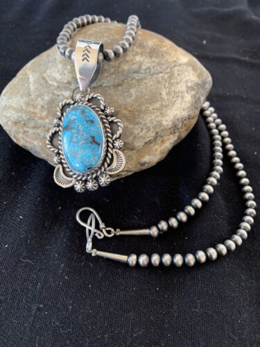 Navajo Sterling Silver Necklace with Spiderweb Kingman Turquoise Pendant | Authentic Native American Handmade | 00689