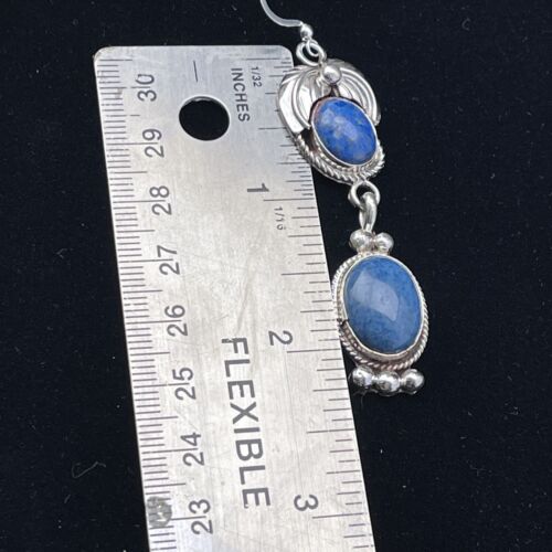 Navajo Denim Lapis Dangle Earrings | Sterling Silver | 2" | Authentic Native American Handmade | 01794
