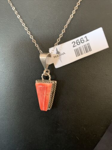 Southwestern Navajo Red Spiny Oyster Pendant Necklace | Sterling Silver | 18" Chain | 2661