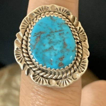 Southwestern Navajo Blue Kingman Turquoise Ring | Sterling Silver | Sz 8 | 12959
