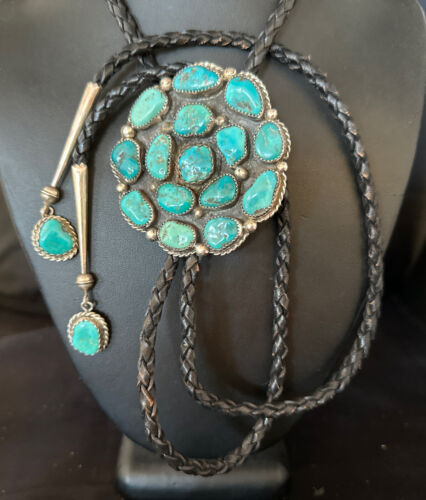 Men's Bolo Tie | Cluster Blue Kingman Turquoise | Sterling Silver | Navajo | Authentic Native American Handmade | 14524