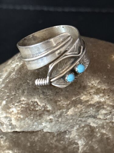 Navajo Blue Kingman Turquoise Feather Ring | Authentic Native American Sterling Silver | Multi-Stone | Sz 9 | 14793