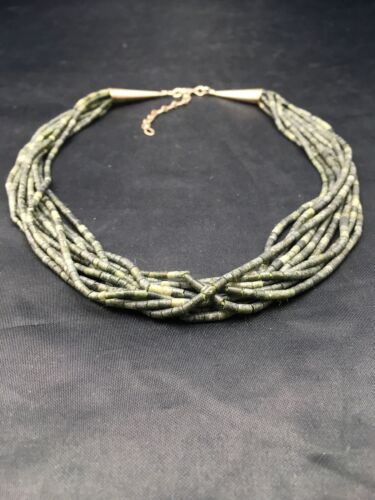 Southwestern Green Agate Heishi 10 Strand Necklace | Sterling Silver | 16" | 4351