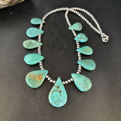 Navajo Teardrop Blue Turquoise Necklace | Sterling Silver Pearls | Authentic Native American Handmade | 14389