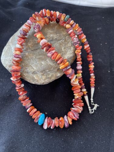 Navajo Spiny Oyster Nugget Beads Necklace | Sterling Silver | Authentic Native American Handmade | 22" | 1346