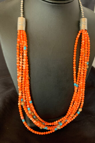 Navajo Pink Coral 5-Strand Turquoise Bead Necklace | Sterling Silver | 25" | Authentic Native American Handmade | 12510