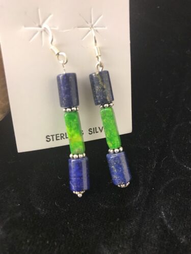 Navajo Sterling Silver Lapis Lazuli Bead Earrings | Southwestern Dangle | Handcrafted