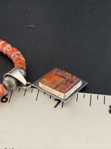 Navajo Pearls Red Spiny Oyster Opal Inlay Pendant Necklace | Sterling Silver | 22" | 12705