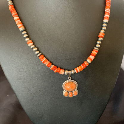 Navajo Pearl Necklace with Red Apple Coral, Spiny Oyster Pendant | Authentic Native American Sterling Silver | Multi-Stone | 12390