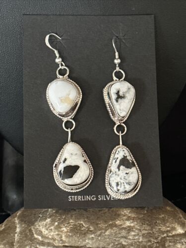 Navajo White Buffalo Turquoise Dangle Earrings | Sterling Silver | 2" | Authentic Native American Handmade | 14716