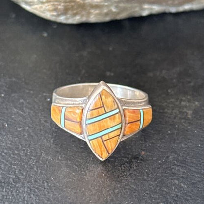 Navajo Blue Turquoise Spiny Oyster Inlay Ring | Sz 8.5 | Authentic Native American Handmade | 14558