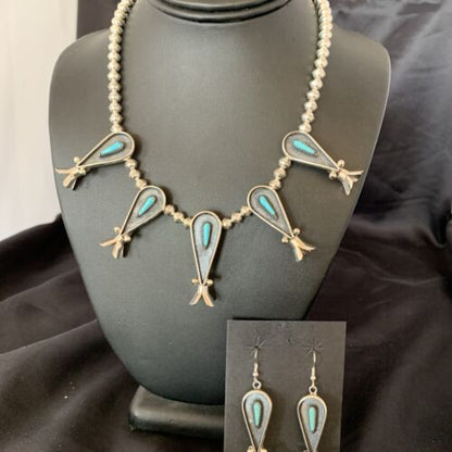 Navajo Squash Blossom Necklace & Earrings Set | Kingman Turquoise | Sterling Silver | Authentic Native American Handmade | 10925