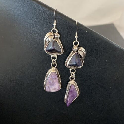 Navajo Purple Charoite Dangle Earrings | Sterling Silver | Authentic Native American Handmade | 01222