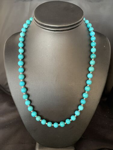 Navajo Blue Turquoise Round Bead Necklace | Sterling Silver | 21" | Authentic Native American Handmade | 13803