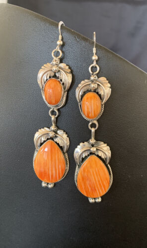 Navajo Orange Spiny Oyster Dangle Earrings | Sterling Silver | Authentic Native American Handmade | 12201