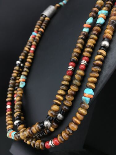 Navajo Multi-Color 3 Strand Necklace | Tiger's Eye & Turquoise | Sterling Silver | 4896