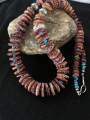 Navajo Purple Spiny Oyster & Turquoise Graduated Necklace | Sterling Silver | Authentic Native American | 24" | 119"