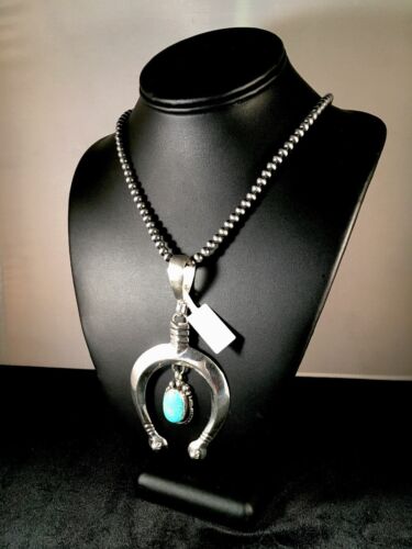 Navajo Turquoise #8 Naja Pendant | Sterling Silver Necklace | Authentic Native American Handmade | 8670