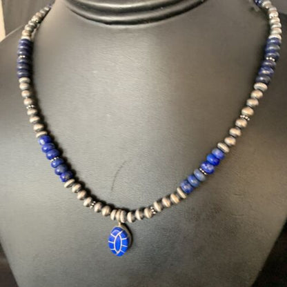 Navajo Blue Lapis Inlay Necklace Pendant | Sterling Silver | Authentic Native American Handmade | 13845