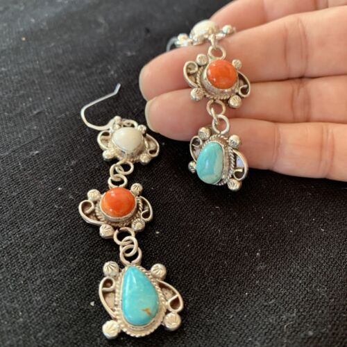 Navajo Spiny, Turquoise & Howlite Dangle Earrings | Sterling Silver | Authentic Native American Handmade | 1574