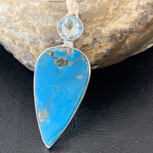 Navajo Sterling Silver Blue Topaz Turquoise Multi-Stone Pendant | Authentic Native American Handmade | 3" | 12025