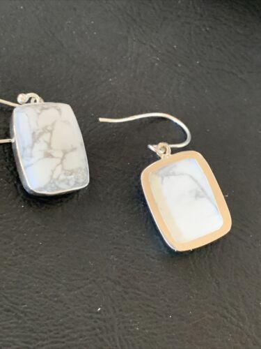 Navajo Sterling Silver White Howlite Black Dangle Rectangle Earrings | 0.75" | 12071