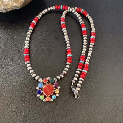 Southwestern Navajo Multi-Stone Necklace | Sterling Silver Coral & Turquoise Pendant | 21" | 12580