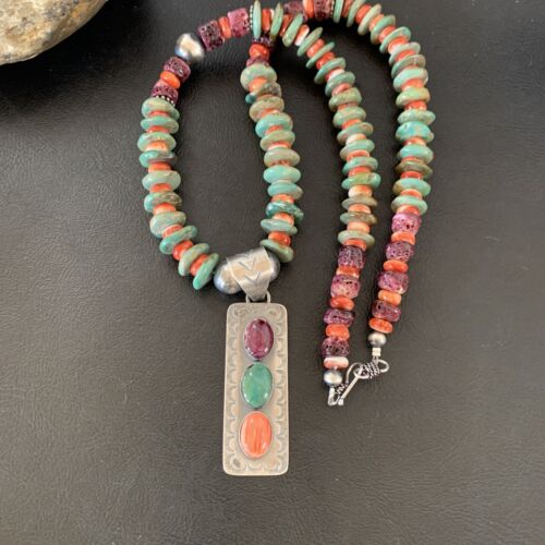 Navajo Royston Turquoise & Red Spiny Oyster Necklace Pendant | Authentic Native American Sterling Silver | Multi-Stone | 11761