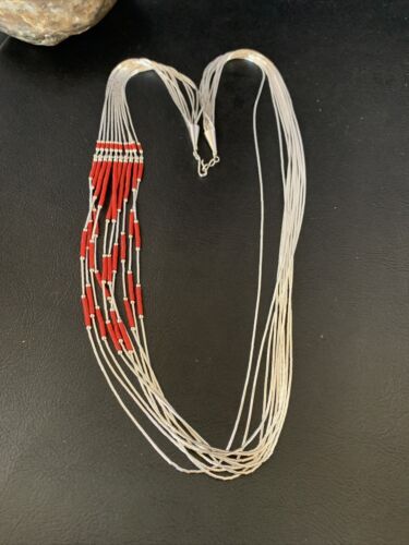 Red Coral Heishi Necklace | 10 Strand Liquid Silver | Sterling Silver Tubes | 26" | 13060