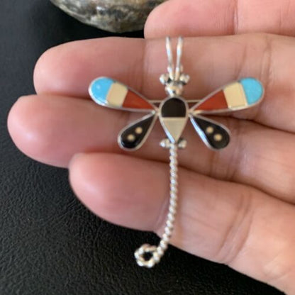 Zuni Turquoise Mother of Pearl Inlay Dragonfly Necklace Pin Pendant | Sterling Silver | 12321