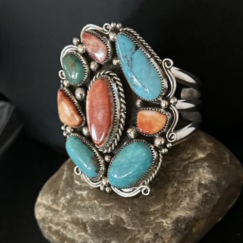 Men's Kingman Turquoise & Spiny Oyster Cluster Cuff Bracelet | Sterling Silver | Native American Handmade | 14595
