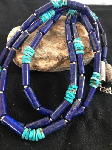 Turquoise Denim Lapis Multi Strand Navajo Necklace | Sterling Silver 23" | Southwestern | 3318 - Masha USA
