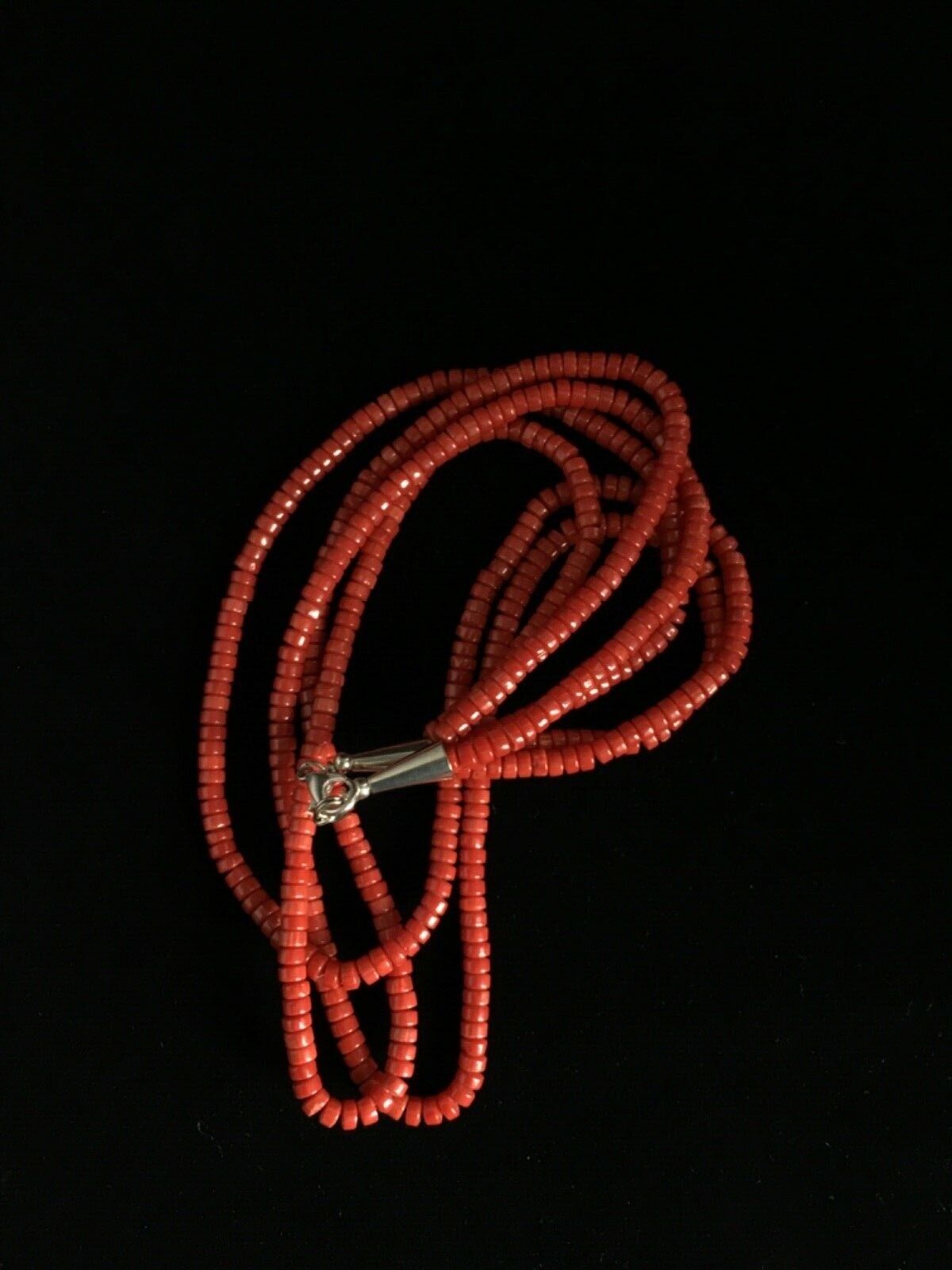 Native American Red Stabilized Coral Heishi Necklace | 3-Strand Sterling Silver | 17" | 1778