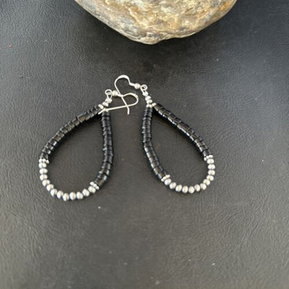Native American Black Onyx Dangle Earrings | Sterling Silver Heishi Bead | 2" | 14427 - Masha USA