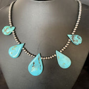 Navajo Teardrop Blue Turquoise Necklace | Sterling Silver Pearls | 20" | Authentic Native American Handmade | 13968