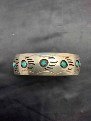 Navajo Turquoise Shadow Box Bear Paw Bracelet | Sterling Silver | Authentic Native American Handmade | 4610