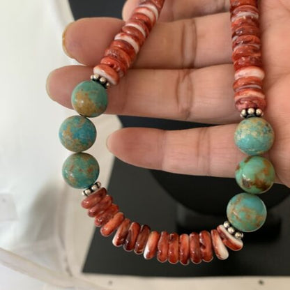 Men's Royston Turquoise & Red Spiny Necklace | Navajo Pearl | Sterling Silver | Native American | 22" | 02173
