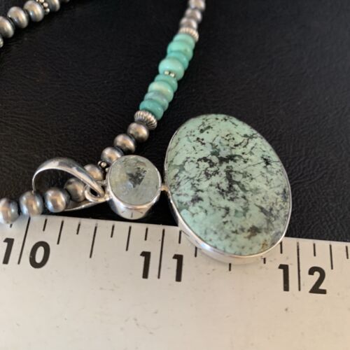 Navajo Pearls Sterling Silver Necklace | Blue Spiderweb Turquoise Pendant | Multi-Stone | 13921
